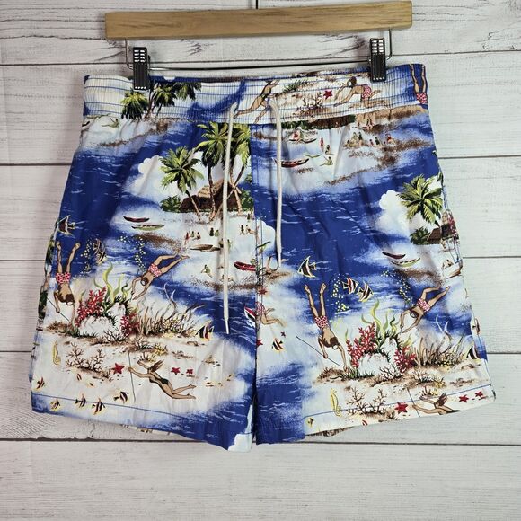 Vintage Polo Ralph Lauren 90's Blue Aloha Hawaiian Swim Lined Board Shorts Sz M - Picture 1 of 9